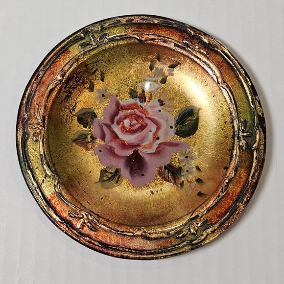 Antique Goofus Glass Dish With Rose Hand Painted Motif Reverse Painted Gold - Picture 1 of 8